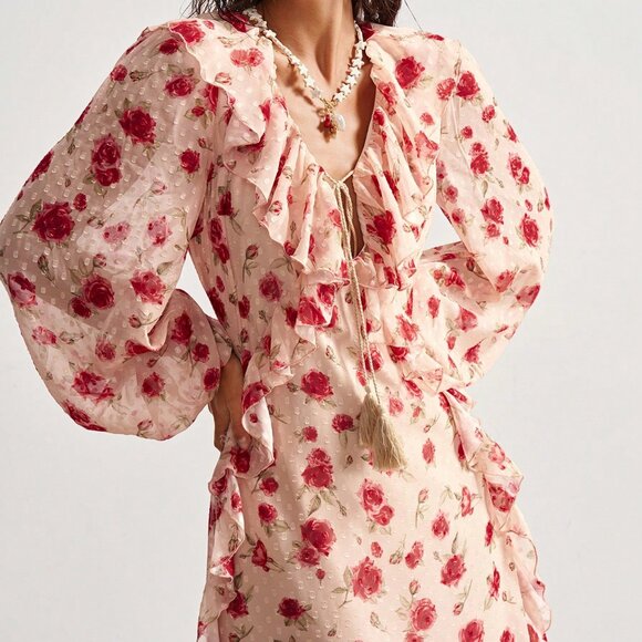 Apricot Boho Women's Bohemian Floral Print Ruffle Trim Long Sleeve Dress - Picture 3 of 8